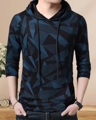 EyeBogler Printed Men Hooded Neck Blue, Black T-Shirt