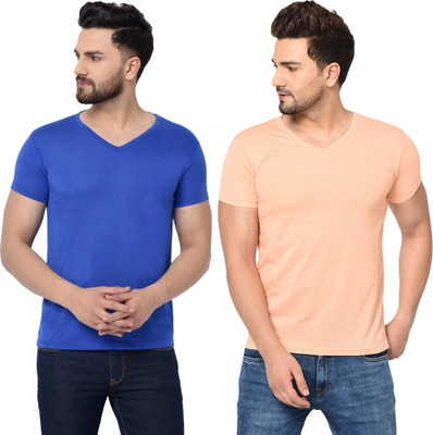 Tresna Fab Solid Men V Neck Beige, Blue T-Shirt