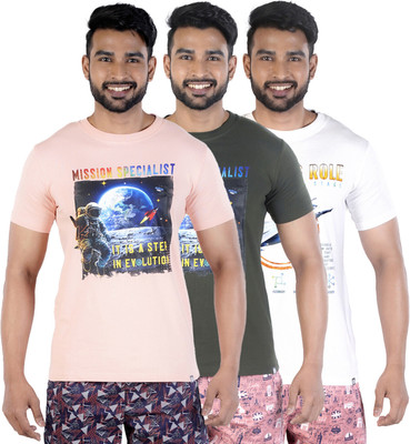 COLORS by Rupa Frontline Graphic Print Men Round Neck Pink, Dark Green, White T-Shirt