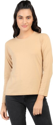 PLAGG Solid Women Round Neck Beige T-Shirt