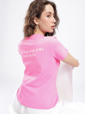 Glitchez Printed Women Round Neck Pink T-Shirt