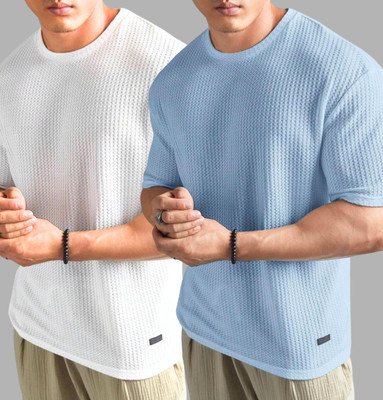 Lets Create Self Design Men Round Neck Blue, White T-Shirt
