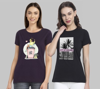 METRONAUT Printed Women Round Neck Purple, Black T-Shirt