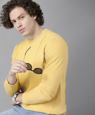 Roadster Self Design Men Round Neck Yellow T-Shirt