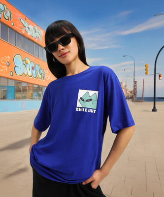 JUNEBERRY Printed Women Round Neck Blue T-Shirt