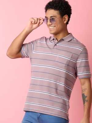 V-MART Striped Men Polo Neck Pink T-Shirt