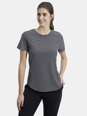 JOCKEY Striped Women Round Neck Black T-Shirt