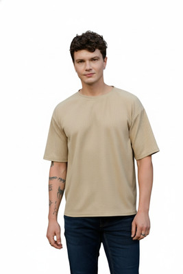 Zilcon Striped Men Round Neck Beige T-Shirt