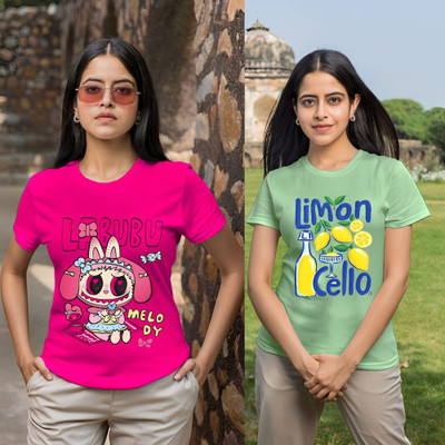 Kasendra Printed Women Round Neck Pink, Green T-Shirt