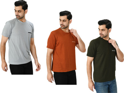 KAVYA Solid Men Round Neck Black, Orange, Grey T-Shirt