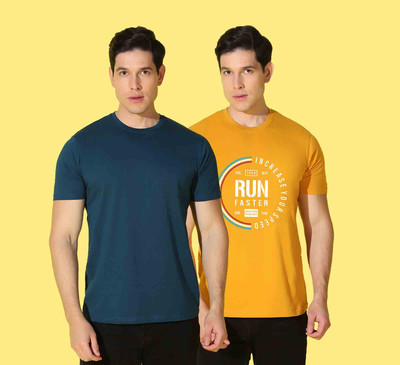 WOOSTRO Solid, Printed Men Round Neck Yellow, Dark Blue T-Shirt