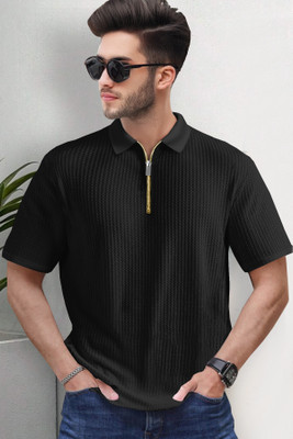 TRIPR Striped Men Polo Neck Black T-Shirt