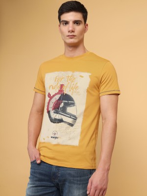 Wrangler Printed, Typography Men Round Neck Yellow T-Shirt