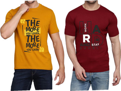 WOOSTRO Printed Men Round Neck Maroon, Yellow T-Shirt