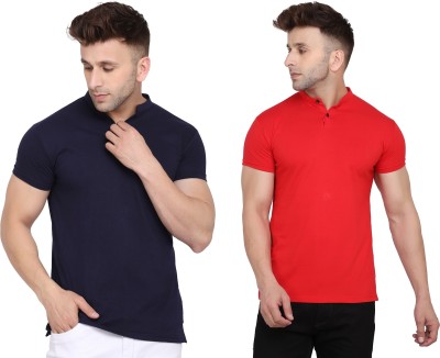 BEYOU FASHION Solid Men Mandarin Collar Dark Blue, Red T-Shirt