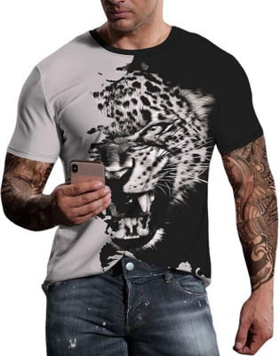 HouseOfCommon Animal Print Men Round Neck Grey T-Shirt