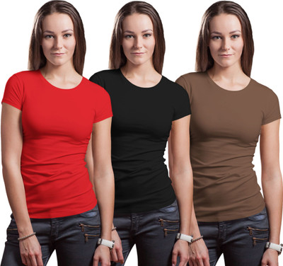 Stylewill Solid Women Round Neck Red, Black, Brown T-Shirt