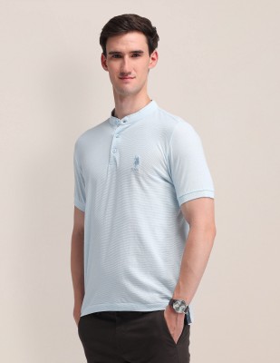 U.S. POLO ASSN. Solid Men Mandarin Collar Blue T-Shirt