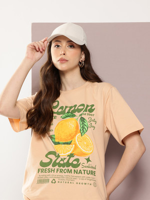 DILLINGER Printed Women Round Neck Beige T-Shirt