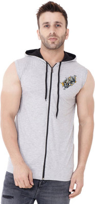 Lawful Casual Printed Men Hooded Neck Silver T-Shirt