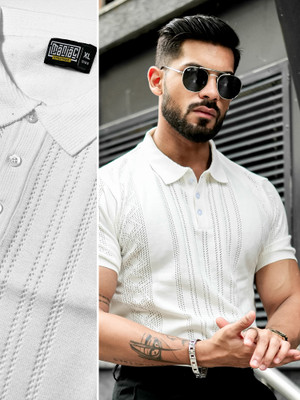 MANIAC Striped Men Polo Neck White T-Shirt