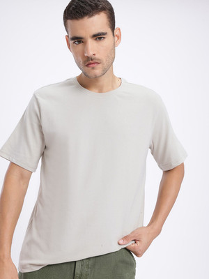 Glitchez Solid Men Round Neck Grey T-Shirt