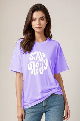 etsun Typography Women Round Neck Purple T-Shirt