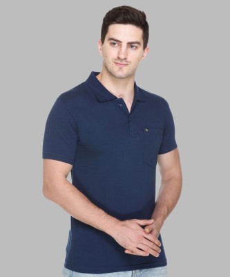 White Moon Solid Men Polo Neck Dark Blue T-Shirt