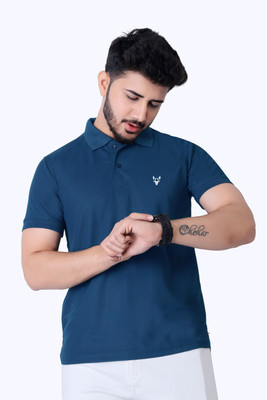 Ellegory Solid Men Polo Neck Blue T-Shirt