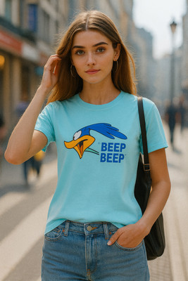 Fabflee Printed Women Round Neck Light Blue T-Shirt