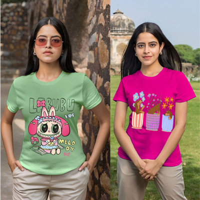 Kasendra Printed Women Round Neck Green, Pink T-Shirt