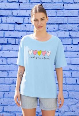V-Mens Printed Women Round Neck Light Blue T-Shirt