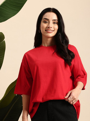 Mast & Harbour Solid Women Round Neck Red T-Shirt