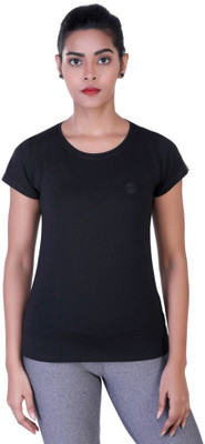 Laasa Sports Solid Women Round Neck Black, Pink T-Shirt
