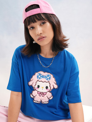 Tokyo Talkies Self Design Women Round Neck Blue T-Shirt