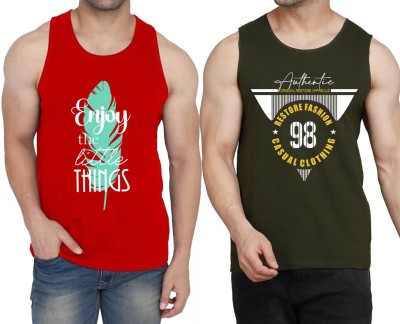 WOOSTRO Printed Men Scoop Neck Red, Dark Green T-Shirt