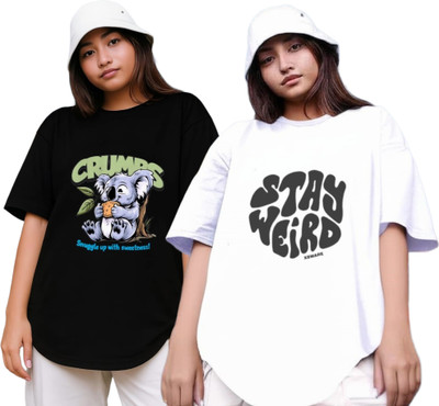 RS FASHION Printed Women Round Neck Black, White T-Shirt