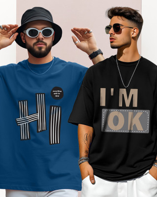 AOOSH Graphic Print Men Round Neck Dark Blue, Black T-Shirt