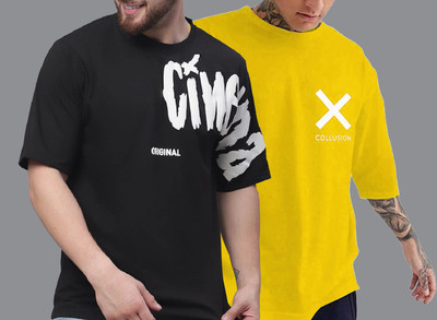 Kay Dee Printed Men Round Neck Black, Yellow T-Shirt