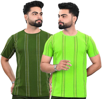 KASPY Striped Men Round Neck Green T-Shirt