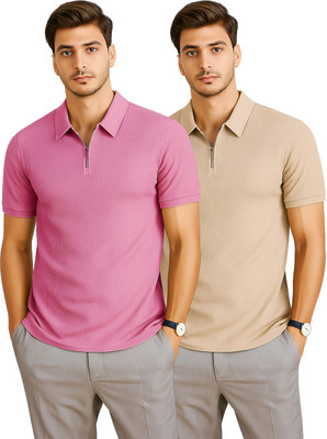 RMLKN Self Design Men Zip Neck Pink, Beige T-Shirt