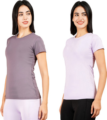 Kyk Solid Women Round Neck Grey, Purple T-Shirt