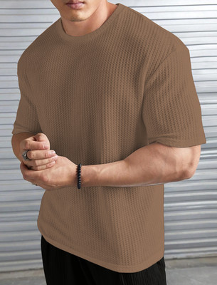 KAJARU Self Design Men Round Neck Beige T-Shirt