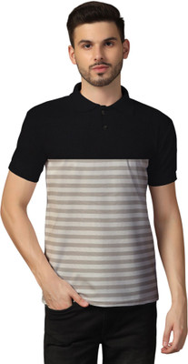 GEUM Striped Men Polo Neck Grey T-Shirt