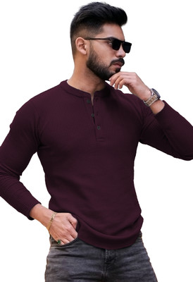 NOOK Self Design Men Henley Neck Maroon T-Shirt