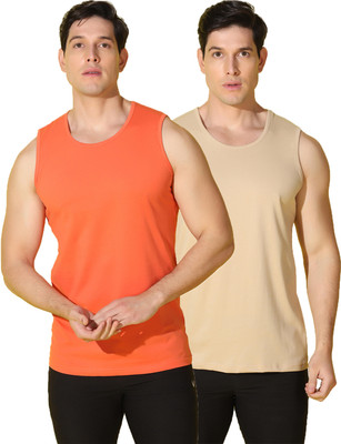 WOOSTRO Solid Men Round Neck Orange, Beige T-Shirt