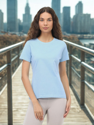 NOBERO Solid Women Crew Neck Light Blue T-Shirt