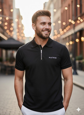 Nxtwin Solid Men Zip Neck Black T-Shirt