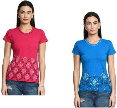 KAVYA Printed Women Round Neck Orange, Light Blue T-Shirt