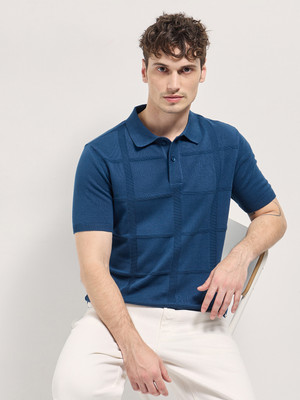 THE BEAR HOUSE Self Design Men Polo Neck Blue T-Shirt